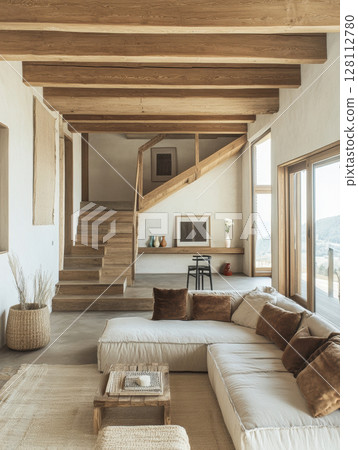 3d rendering rustic minimalist interior design of wood clad living room with white comfy sectional sofa and exposed beams and wooden stairs in contemporary and cozy style 128112780