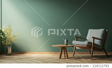 3d rendering contemporary interior design style home of pastel green wall of living room. Modern wooden armchair with coffee table in natural light. copy space 3d rendering contemporary interior design style home of pastel green wall of living room. Modern wooden armchair with coffee table in natural light. copy space 128112781