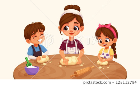 Children make dough, boy and girl chef cook bread or pizza, vector cartoon characters. Mother with children kneading dough at table with flour and rolling pin, making dough for bread or pizza Children make dough, boy and girl chef cook bread or pizza, vector cartoon characters. Mother with children kneading dough at table with flour and rolling pin, making dough for bread or pizza 128112784