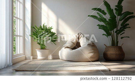 3d rendering white fabric armchair with mat and tropical plant in white cozy room decorated in natural sunlight in home 128112792