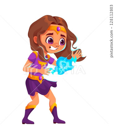 Kid superhero character, girl in super hero costume with magic spell, cartoon vector. Superhero kid with magic energy power or superpower glow for comic child character or superhuman with plasma blast 128112803