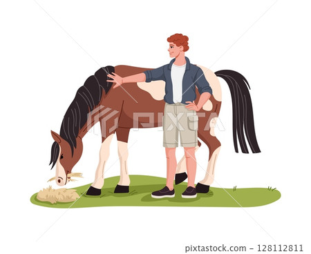 Farmer feeding horse for cattle farm people character or animal farming, cartoon vector. Young man farmer or agrarian and gardener character with horse eating hay at stall barn of livestock farmland 128112811