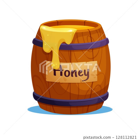 Cartoon wooden honey barrel filled to the top with golden, fresh liquid honey dripping over the edge. Isolated vector labeled wood cask with a sweet apiary products evoking a rustic natural aesthetic Cartoon wooden honey barrel filled to the top with golden, fresh liquid honey dripping over the edge. Isolated vector labeled wood cask with a sweet apiary products evoking a rustic natural aesthetic 128112821