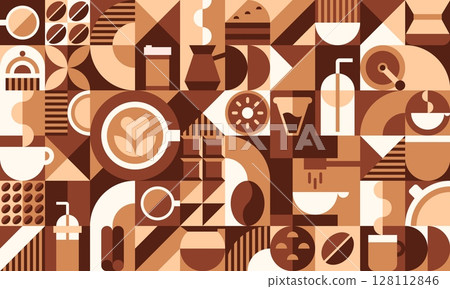 Coffee drink geometric pattern background with abstract shapes, beige and brown tones. Vector modular tile with cups, coffee beans, mugs, espresso machines, milk jugs, and desserts. Retro cafe tile 128112846