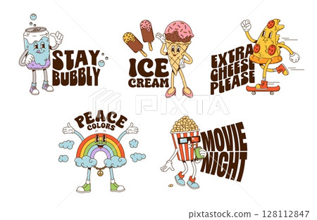 Fast food cartoon y2k groovy stickers. Playful retro snacks, rainbow, ice cream personages and typography slogans like stay bubbly, extra cheese please and movie night, evoking fun, nostalgic 70s vibe 128112847