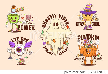 Halloween groovy characters stickers and t shirt prints. Vector playful cartoon ghost, potion bottle, candy pumpkin bucket, eyeball and smile retro characters emphasizing spooky fun and sweet treats Halloween groovy characters stickers and t shirt prints. Vector playful cartoon ghost, potion bottle, candy pumpkin bucket, eyeball and smile retro characters emphasizing spooky fun and sweet treats 128112859