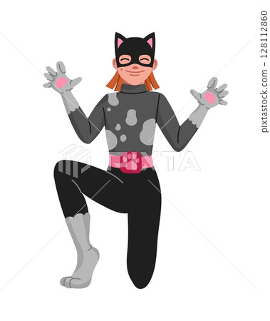 Cartoon kid superhero character. Playful girl in a black and gray cat costume with paw gloves and cat ears, striking a fun pose. Cute personage for children comic book or Halloween party celebration 128112860