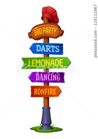 Cartoon BBQ barbeque party wooden signboard with direction arrows, vector sign board. Summer festival or barbecue party and picnic signboard with direction to drinks bar, dance club and bonfire 128112867