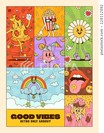 Vintage collage groovy cartoon characters poster. Vector retro joyful pizza, popcorn, flower, drink, rainbow, lips and ice cream y2k characters spreading cheerful, hippie and expressive good vibes 128112892