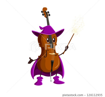Cartoon Halloween contrabass mage and wizard musical instrument character casting the orchestral spell. Isolated vector double bass personage wearing magician cape and witch hat, wiz with magic wand 128112935