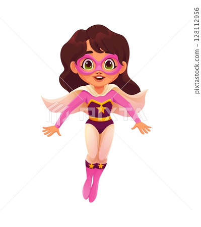 Cute cartoon girl dressed as superhero with a star themed costume, pink mask, and cape. Floating mid air with an excited expression, Kid superhero character represents empowerment, fun and imagination 128112956