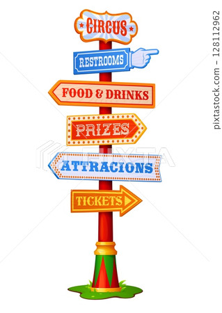 Amusement park sign board signage, carnival circus signboard. Cartoon vector bright and playful directional signpost with arrows pointing to restrooms, food, drinks, prizes, attractions and tickets Amusement park sign board signage, carnival circus signboard. Cartoon vector bright and playful directional signpost with arrows pointing to restrooms, food, drinks, prizes, attractions and tickets 128112962