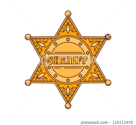 Cartoon groovy sheriff badge star or Western and Wild West symbol, vector icon. Groovy golden badge of sheriff or cowboy police department of old town, Texas or Arizona sheriff golden star badge 128112978