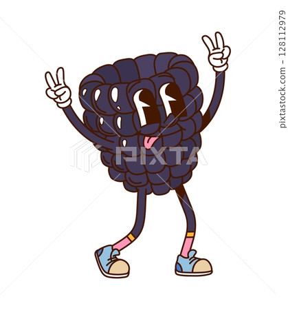 Groovy hippie blackberry berry character with funny face, cartoon vector funky fruit. Groovy blackberry berry with happy smile, freaky tongue out and hippie peace sign gesture for cartoon character Groovy hippie blackberry berry character with funny face, cartoon vector funky fruit. Groovy blackberry berry with happy smile, freaky tongue out and hippie peace sign gesture for cartoon character 128112979
