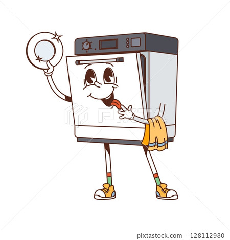 Cartoon groovy happy retro dishwasher furniture and interior character with big eyes, tongue out, sneakers, holding a sparkling plate and a towel. Vector funky vintage y2k kitchen appliance personage Cartoon groovy happy retro dishwasher furniture and interior character with big eyes, tongue out, sneakers, holding a sparkling plate and a towel. Vector funky vintage y2k kitchen appliance personage 128112980
