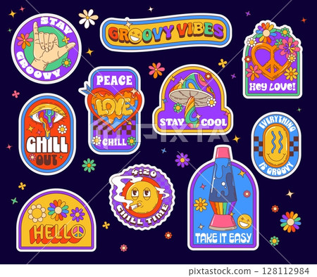 Y2k groovy label stickers. Vibrant psychedelic set of retro 70s patches including peace sign, lava lamp, mushroom, smiles and hippie slogans. Vector nostalgic and chill themed badges with funky twist 128112984