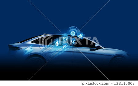 Concept of Power cable pump plug in charging power to electric vehicle EV car with icon save the world. Concept of Power cable pump plug in charging power to electric vehicle EV car with icon save the world. 128113002