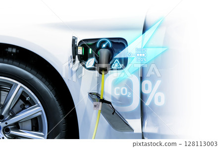Power cable pump plug in charging power to electric vehicle EV car. Power cable pump plug in charging power to electric vehicle EV car. 128113003