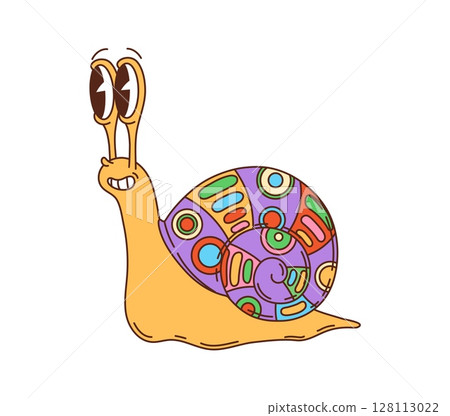 Retro groovy snail character or hippie symbol. Groovy comical slug personage with big eyes and psychedelic pattern on shell. Cheerful snail character isolated vector sticker, cartoon 80s retro symbol Retro groovy snail character or hippie symbol. Groovy comical slug personage with big eyes and psychedelic pattern on shell. Cheerful snail character isolated vector sticker, cartoon 80s retro symbol 128113022