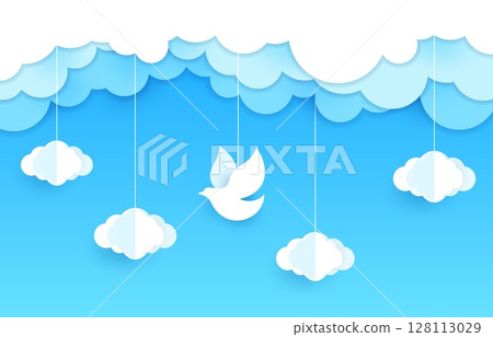 White pigeon and dove paper cut bird in clouds. Freedom, dream and Christian religion hope paper cut vector concept, cutout wallpaper. White dove bird flying in sky papercut background or 3d backdrop 128113029
