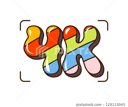 4K high definition video or movie cartoon symbol. Cinematography industry hippie funky vector sticker, filmmaking and video media production 60s cartoon sign. Cinema 4k resolution vintage Y2K icon 4K high definition video or movie cartoon symbol. Cinematography industry hippie funky vector sticker, filmmaking and video media production 60s cartoon sign. Cinema 4k resolution vintage Y2K icon 128113043