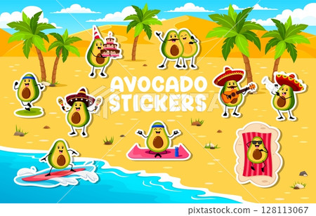 Cartoon avocado characters stickers pack. Avocados fruit mexican mariachi musicians, surfing and sunbathing on beach, holding birthday cake, jogging and doing yoga vector characters stickers set Cartoon avocado characters stickers pack. Avocados fruit mexican mariachi musicians, surfing and sunbathing on beach, holding birthday cake, jogging and doing yoga vector characters stickers set 128113067