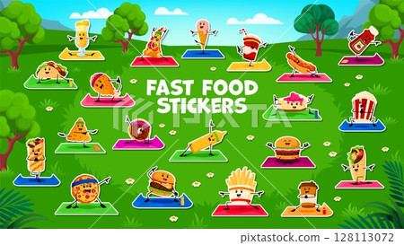 Cartoon fast food characters on yoga fitness, stickers pack. Taco, pizza, ice cream and soda, hotdog, ketchup, cake, popcorn and nacho fast food vector funny personages doing yoga exercises stickers Cartoon fast food characters on yoga fitness, stickers pack. Taco, pizza, ice cream and soda, hotdog, ketchup, cake, popcorn and nacho fast food vector funny personages doing yoga exercises stickers 128113072