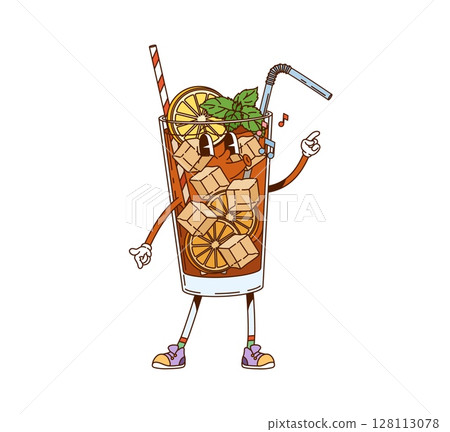 Long Island cocktail, soda drink groovy character. Refreshing cold cocktail retro vector personage, alcohol drink glass cheerful mascot. Long Island beverage groovy character with lemon, mint and ice 128113078