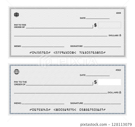 Blank bank check template, checkbook cheque with security backgrounds, micr encoded numbers and fields for payee, amount, date, memo, and signature. Vector money currency payment coupon 128113079