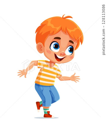 Kid dancing and jumping at a party. Cheerful cartoon vector boy character with orange hair, striped shirt, sneakers, captured mid movement with big smile and playful pose, convey joy and childhood fun 128113086