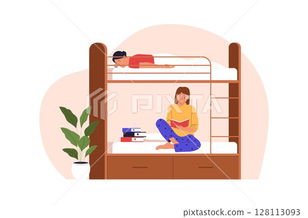 Flat Vector Illustration of Girls Living in a Dorm Room with Bunk Bed 128113093
