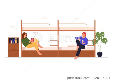 Flat Vector Illustration of Girls Relaxing in Shared Dorm Room with Bunk Beds Flat Vector Illustration of Girls Relaxing in Shared Dorm Room with Bunk Beds 128113094