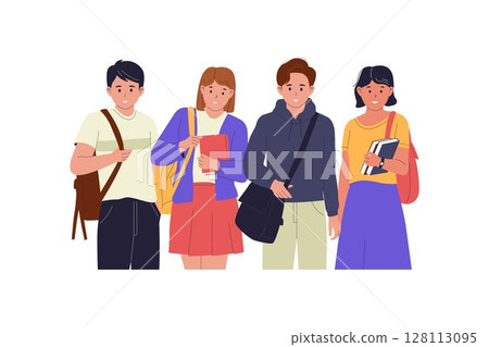 Flat Vector Illustration of College Students Standing with Bags and Books Flat Vector Illustration of College Students Standing with Bags and Books 128113095