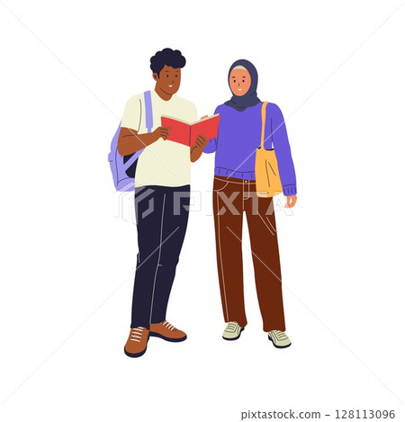 Flat Vector Illustration of College Students Reading a Book Together Flat Vector Illustration of College Students Reading a Book Together 128113096