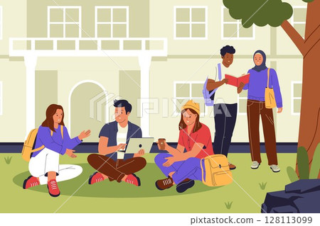 Flat Vector Illustration of University Students Hanging Out and Studying on Campus 128113099