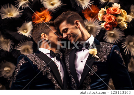 A joyous gay wedding capturing the essence of love and romance between men, celebrating equality and LGBTQ pride in a heartfelt marriage ceremony A joyous gay wedding capturing the essence of love and romance between men, celebrating equality and LGBTQ pride in a heartfelt marriage ceremony 128113163