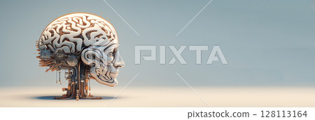 A striking banner featuring a blend of a human brain and a robot, symbolizing AI and cognitive learning. This image represents the fusion of human and machine intelligence, with ample copy space 128113164