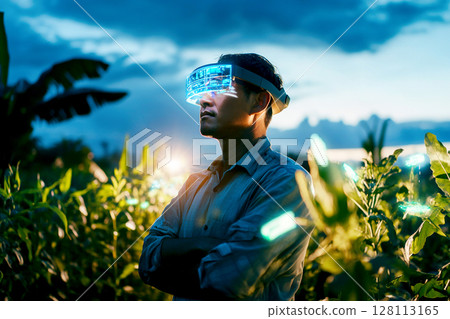 A farmer in a lush, green field utilizing augmented reality or virtual reality (VR), showcasing how technology is transforming modern agriculture A farmer in a lush, green field utilizing augmented reality or virtual reality (VR), showcasing how technology is transforming modern agriculture 128113165