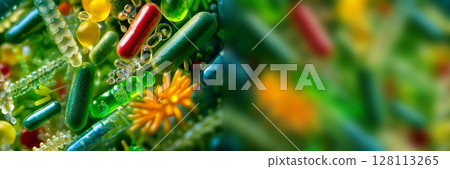This close-up banner, bathed in green hues, visualizes the complex world of the microbiome and beneficial bacteria within the gut, highlighting its direct impact on the immune system. 128113265