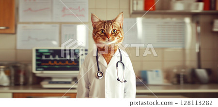 An adorable ginger kitty in a white robe with a stethoscope, humorously depicting a cat doctor or veterinarian, a delightful animal medical professional An adorable ginger kitty in a white robe with a stethoscope, humorously depicting a cat doctor or veterinarian, a delightful animal medical professional 128113282