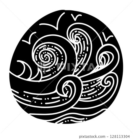 Handmade graphic element waves sea. Vector illustration. flat cartoon style 128113304