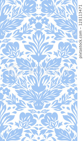 Vector tender monochrome decorative pattern with blue flower arrangement. Seamless texture with tracery stylized flowers in folk art style 128113471