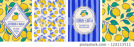 Vintage summer designs with lemon illustrations and seamless patterns. 128113511