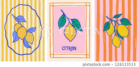 Vintage summer designs with lemon illustrations and seamless patterns. 128113513
