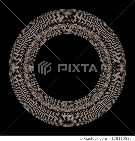 Greek key meanders. Gold Classic Greek wave meander. Round greek frame. Circle european border. Patterns of Greece, ancient Rome. In the form of wave. Vitruvian wave. For textile, engraving, embroider 128113523