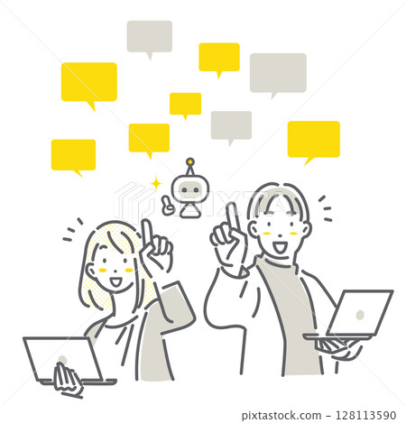 簡潔時尚的線條畫，描繪了一位高效利用人工智慧的年輕商務人士 128113590