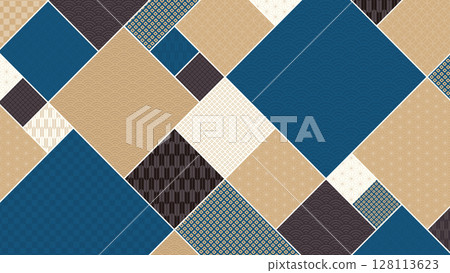 16：9背景素材：由日本傳統圖案組成的藍色、黑色和金色幾何圖案 128113623