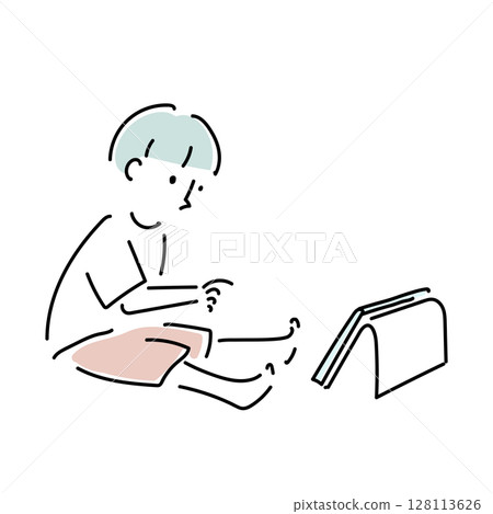 Hand-drawn illustration of a boy watching videos on a tablet 128113626