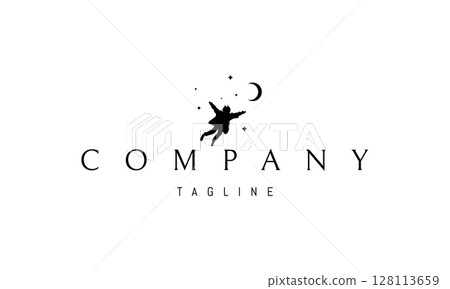 A vector logo featuring an abstract image a flying boy soaring across the sky , symbolizing dreams and imagination. 128113659