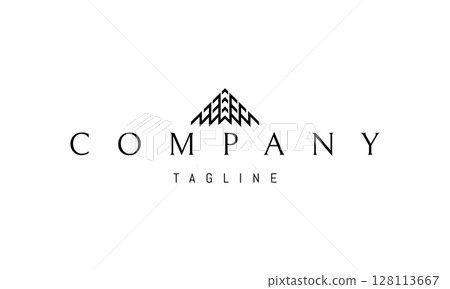 A vector logo featuring an abstract image a stylized mountain designed as a geometric pyramid with sharp, clean lines 128113667